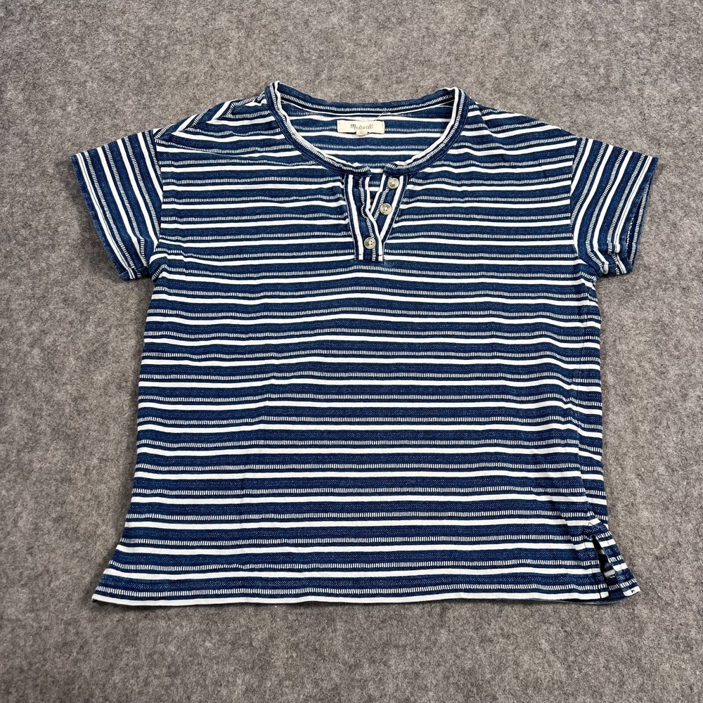Madewell Indigo White Striped Short Sleeve Brother Henley Tee Women's Size XXS